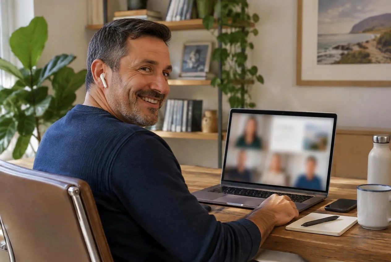 Empresario sonriente en su despacho de casa, con auriculares, conectado a una videollamada en grupo desde su portátil
